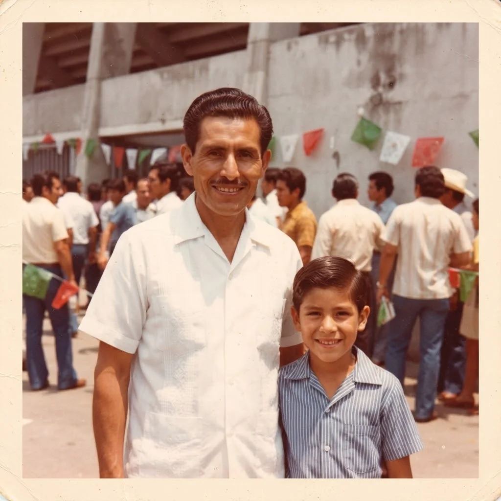 Con su hijo afuera del estadio, 1970