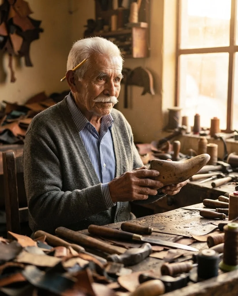 Don Aurelio, a los 89 años, en su taller, sosteniendo una horma de madera